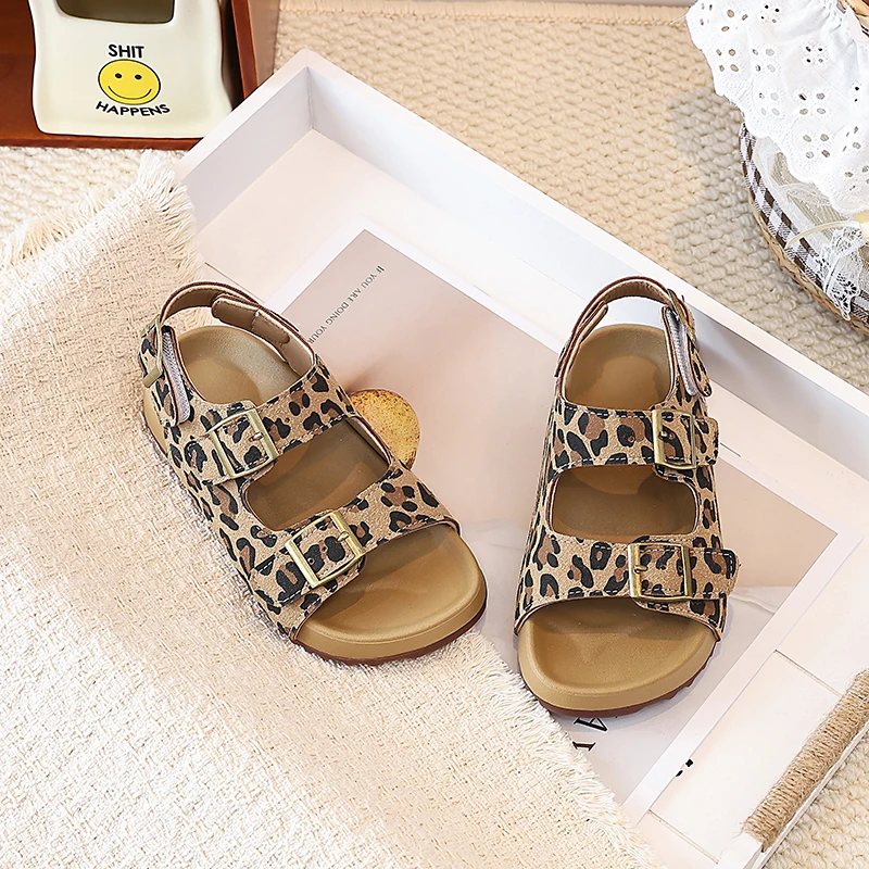 Summer Kids Toddler Boys Girls Casual Leopard Print Sandals Double Buckle Non-Slip Soft Sole for Daily Outdoor Beach Wear