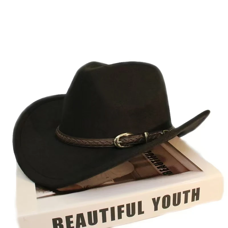 Coffee Leather Band Vintage Parent-child Women Men /Kid Child Wool Wide Brim Cowboy Western Hat Cowgirl Bowler Cap (56-58cm)