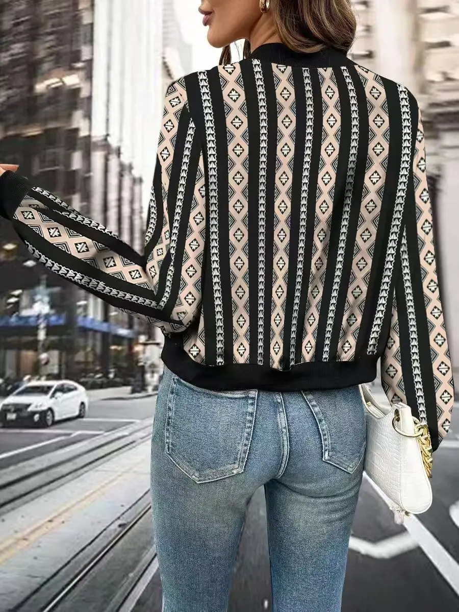 Women's Spring and Autumn Fashion Printed Zipper Jacket - Machine Washable