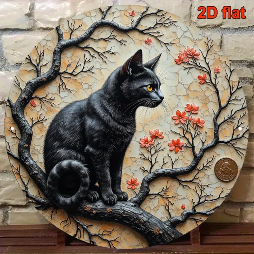 لوحة فنية جدارية معدنية على شكل زهر الكرز العتيق - علامة حديدية مستديرة مقاس 8 بوصات باللون الأسود والأحمر ديكور داخلي وخارجي لمقهى اليوغا والألومنيوم المتين #1