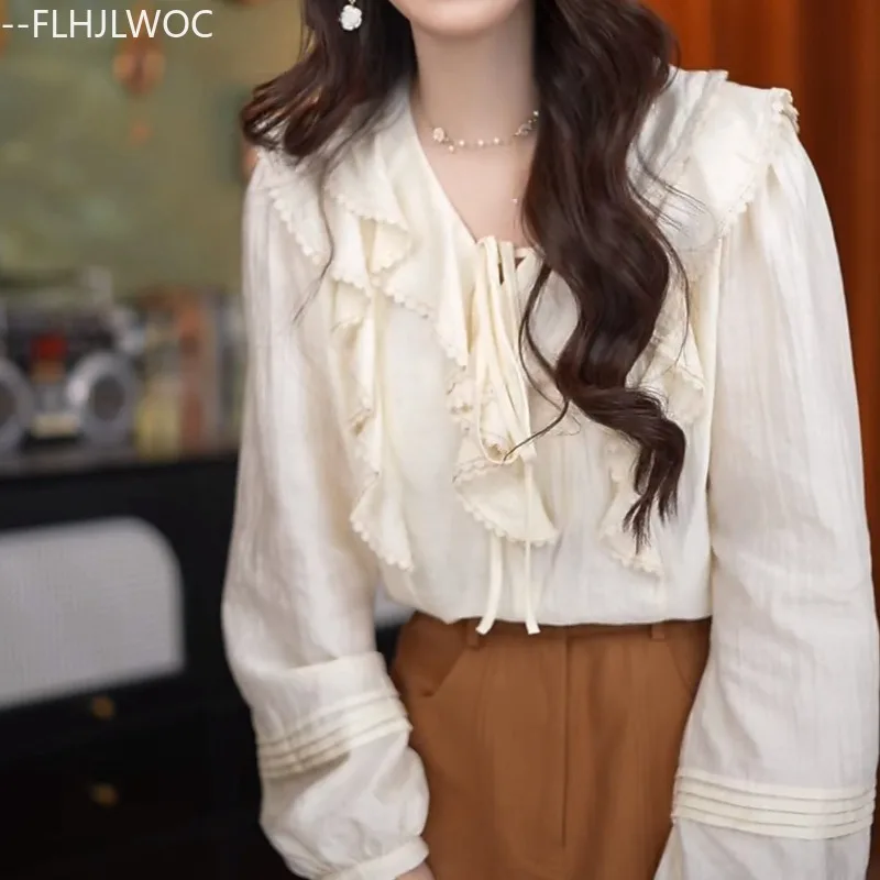 Diskon Besar Blus Atasan Ruffle Dasi Kupu-kupu 2025 Pakaian Fashion Korea Chic Anak Perempuan Manis Lucu Blus Kemeja Wanita Campuran Katun Solid