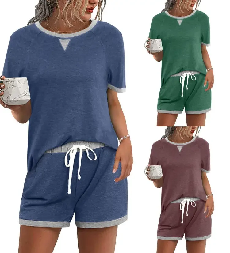 

Summer women's clothing trend 2024 fashion new casual suits Solid color short sleeved T-shirt Sports lace-up shorts for 2 pieces