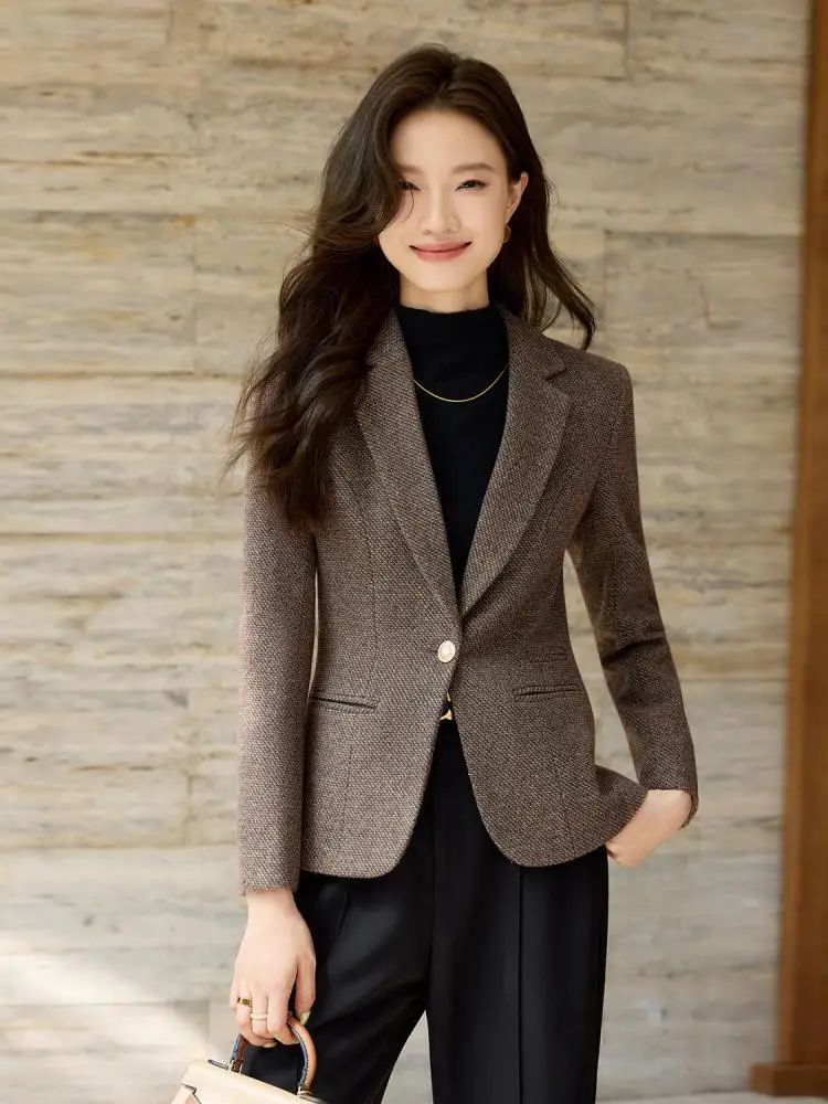 

Korean Fashion Vintage Women Elegant Single Breasted Blazer Coat Autumn Winter Brown Temperament Long Sleeve Short Woolen Jacket
