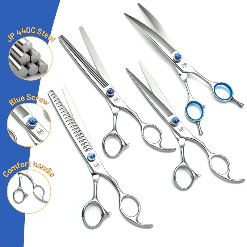 JP440C Pet Dog Grooming Scissors Kit 7in Professional 25° Curved 21 / 50 Teeth Thinning Shears Groomer tijeras peluquería canina