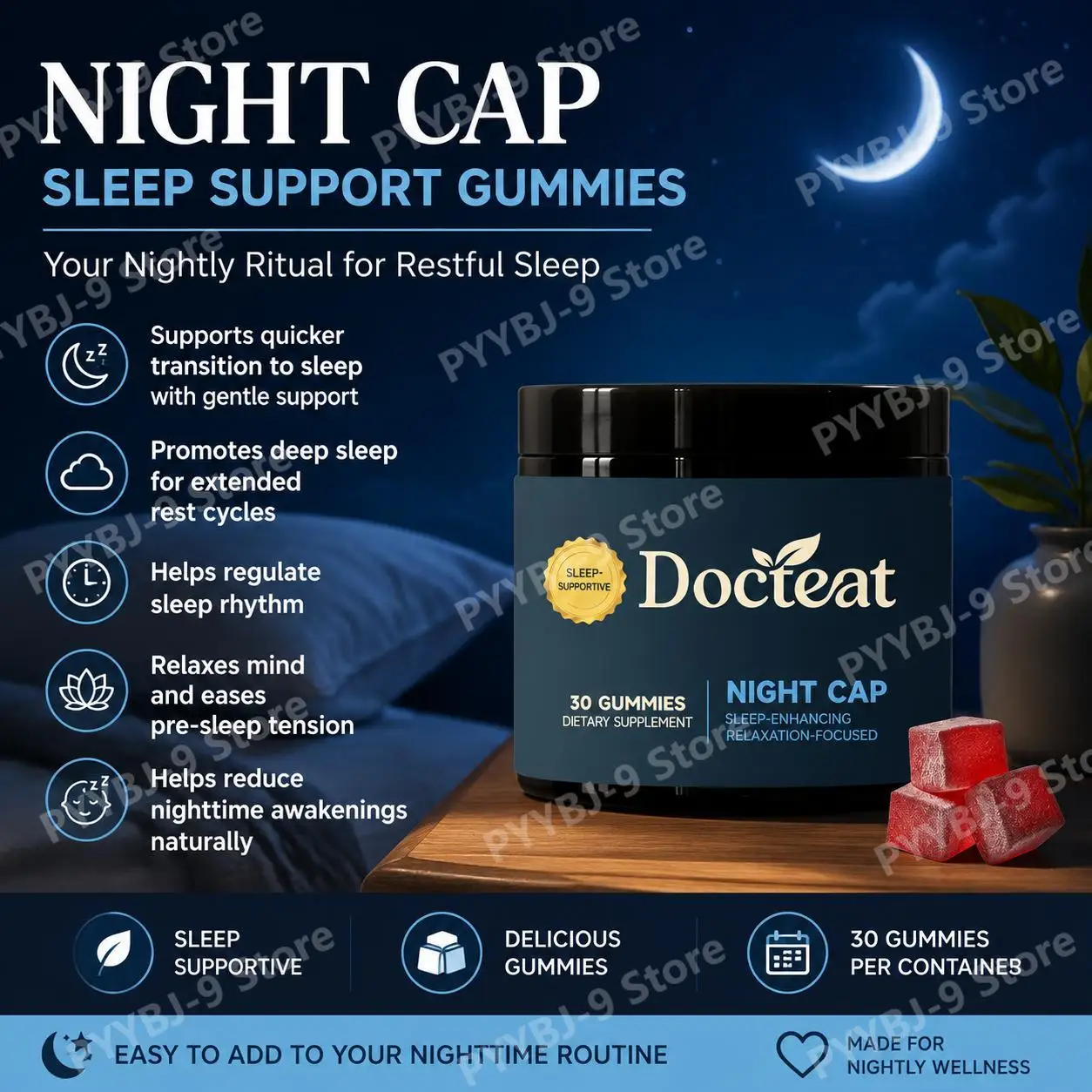 Docteat Night Cap Gummies, Deep Rest Support for Bedtime Calm, Better Sleep Rhythm Balance and Gentle Evening Wind-Down, 30 CT