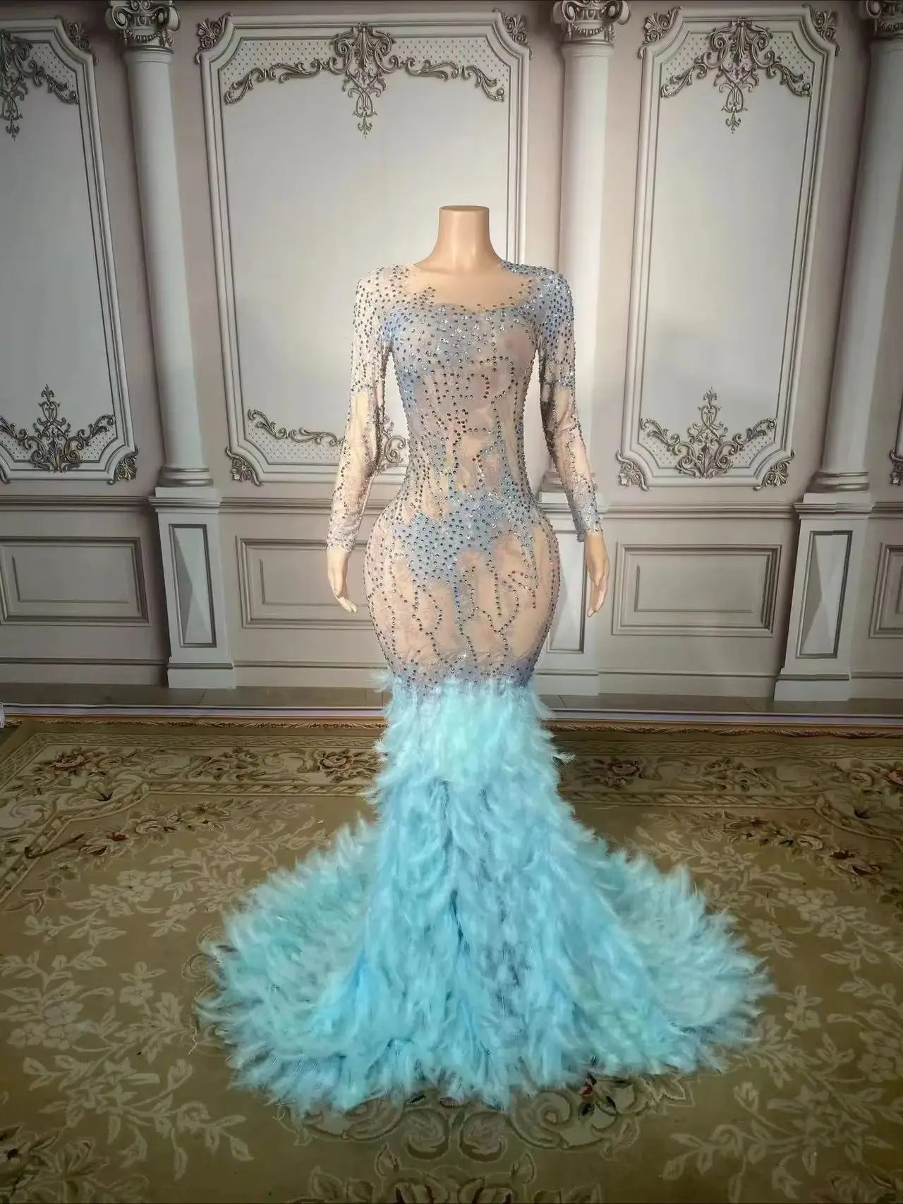 Vestido de Noche Transparente y Sexy para Celebraciones, Baile de Graduación, Cumpleaños, para Mujer, con Pedrería Brillante y Plumas, Traje Festivo