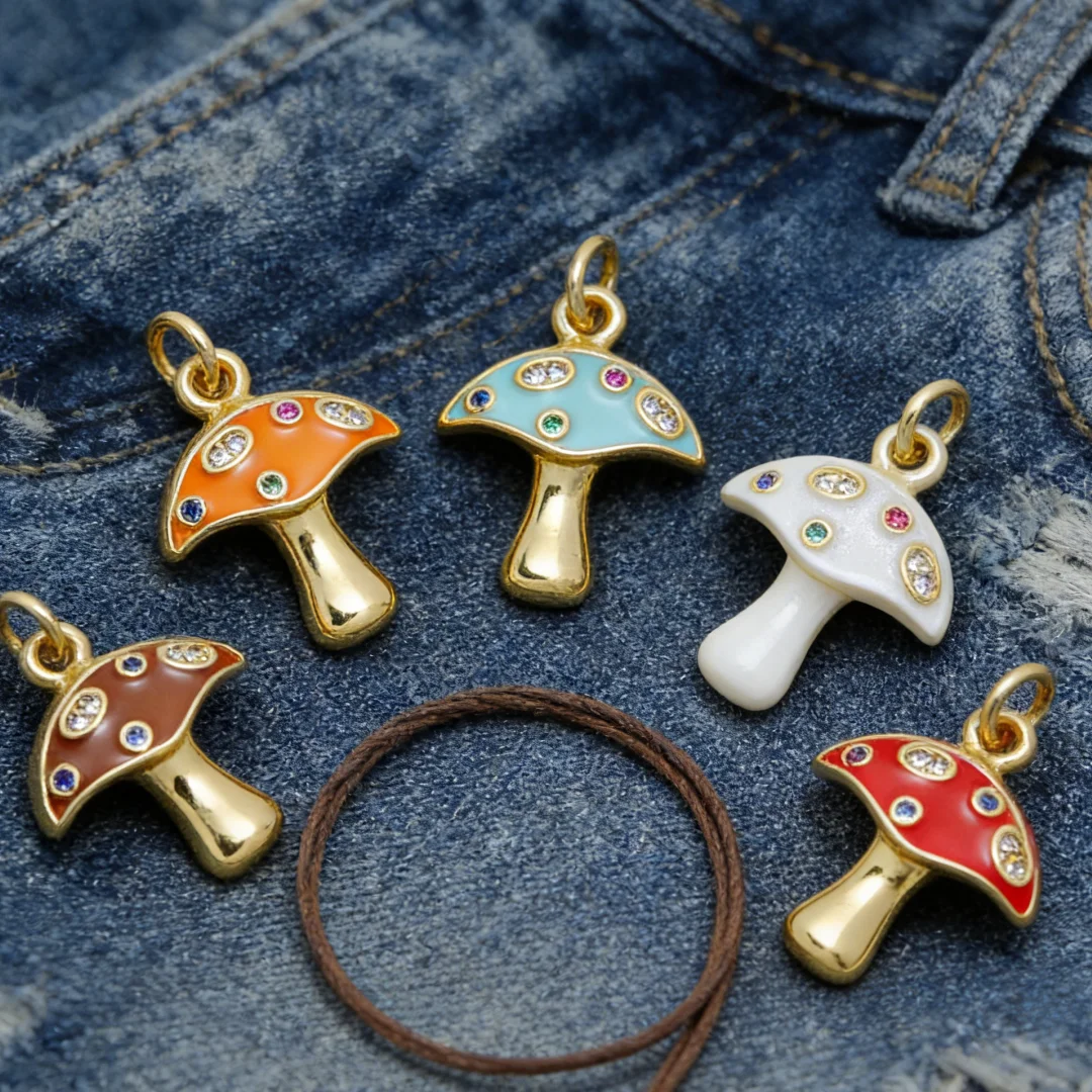 4Pcs Pendants Gold Plated Enamel Mushroom Charms Colorful Zircon DIY Jewelry Accessories for Necklace Bracelet Making Men Women