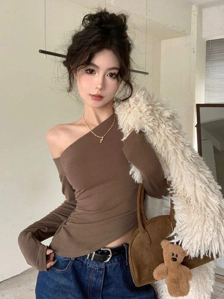 Asymmetric Black Long Sleeve Slim Fit Women's T-shirt Shoulder Bared Base Shirt Chic Korean Sle Commute Pure Color Knitted Top