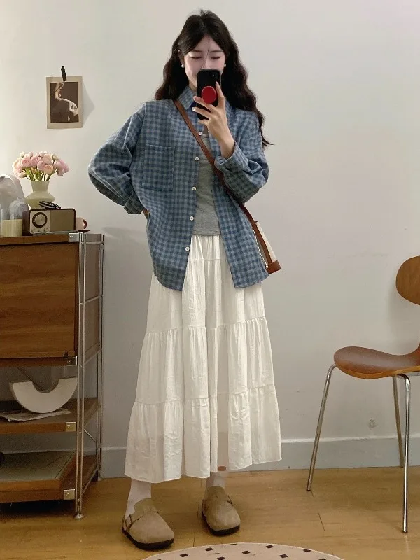 

Весенний женский комплект больших размеров: топ-майка, юбка миди и футболка, с омолаживающим эффектом, в клетку, с длинным рукавом, повседневный модный комплект