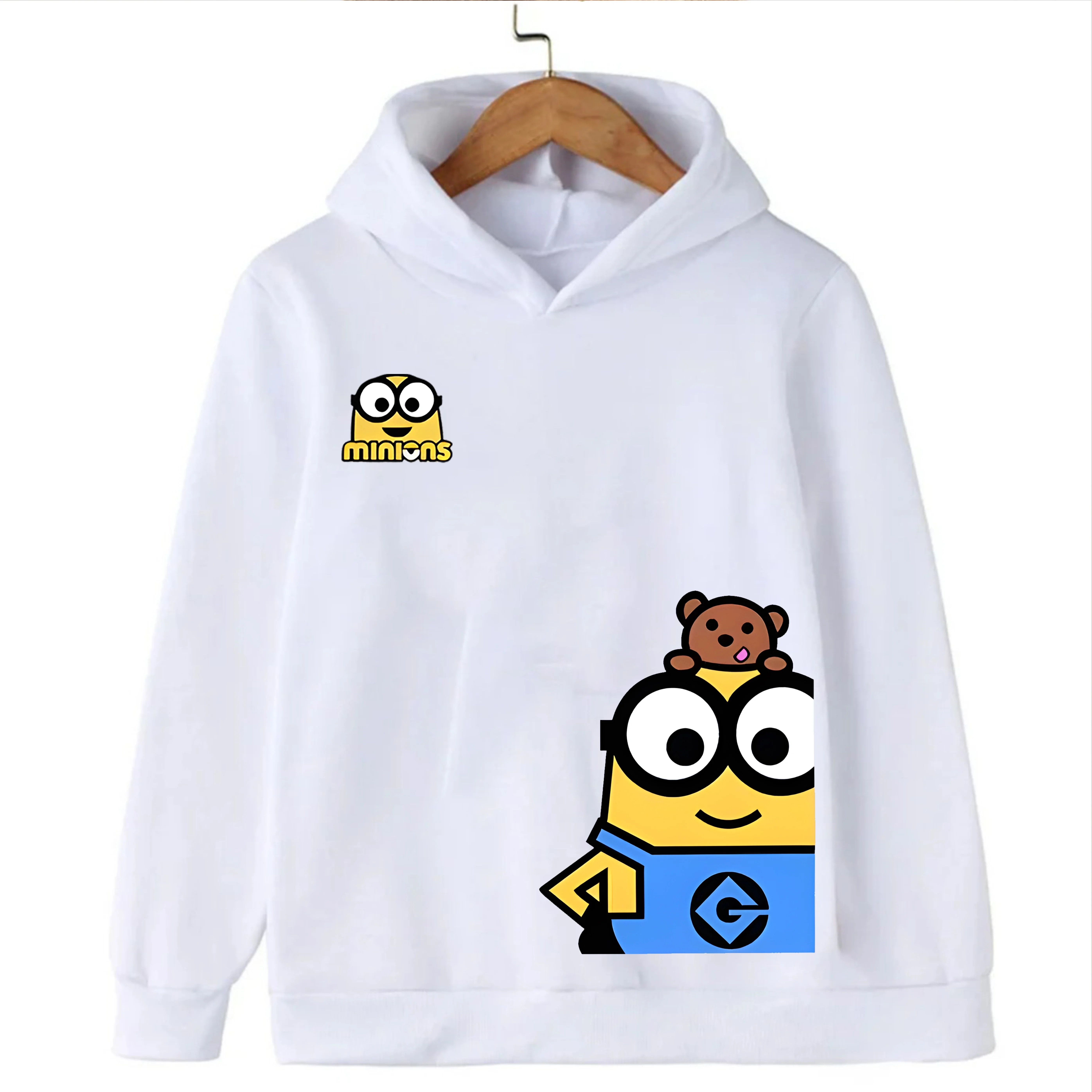 سترة بغطاء للرأس مطبوعة برسوم كارتونية مينيونز للأطفال، سترة كاجوال سوداء طويلة الأكمام بغطاء للرأس #2