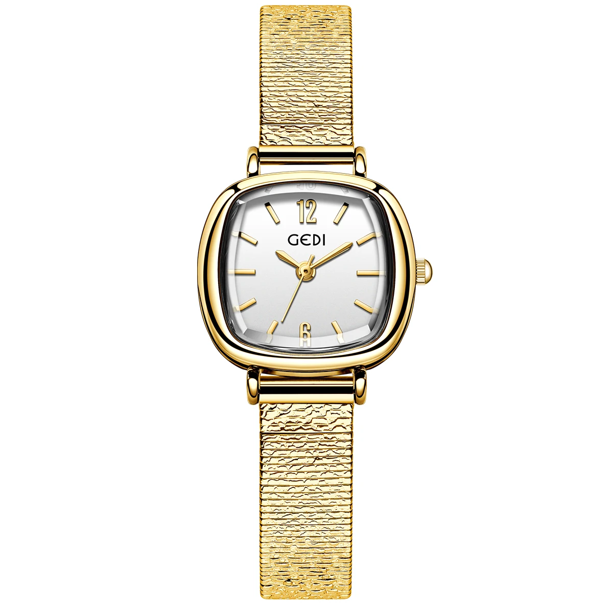 ساعات GEDI كلاسيكية مربعة الشكل للنساء، ساعة تناظرية كوارتز عصرية ذات جودة عالية من الفولاذ المقاوم للصدأ بحزام ملفوف باللون الذهبي