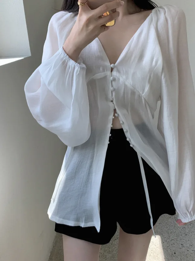 Femme coupe ample bulle Sve irt v-ne cravate taille bouton unique Ele Sle Long Sve couleur trajet Faion