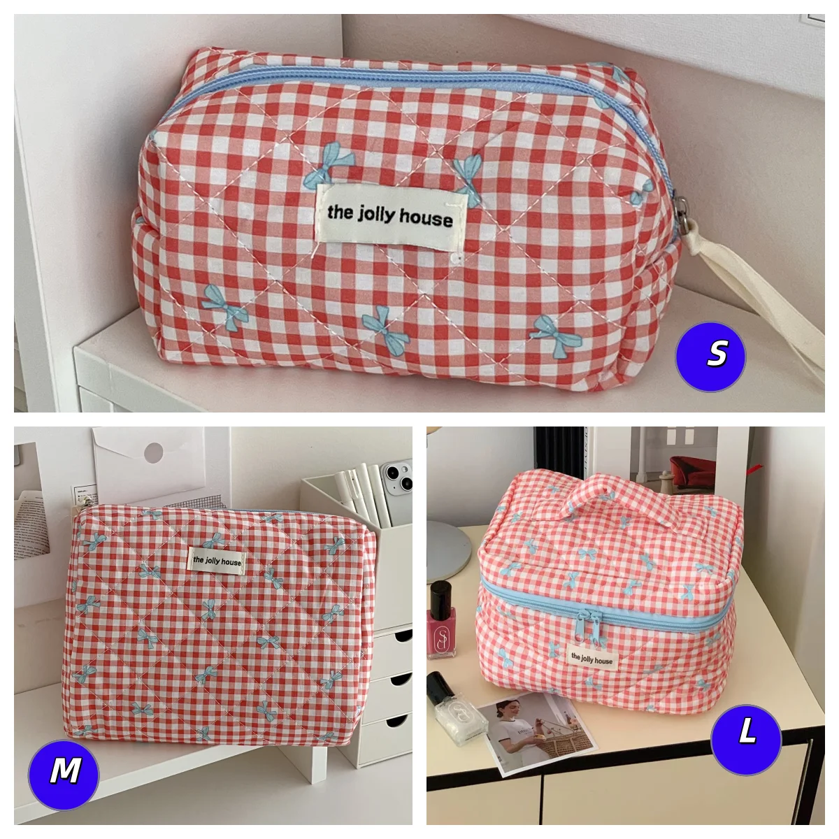 YT Large Capacity Sweet Student Quilted Storage Bag Portable Soft Handbag Toiletry Bag Plaid Bow Cosmetic Bag