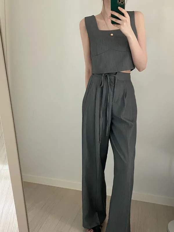 

Korean Sle Chic Summer Vintage Square Collar Svel Vest Top with High Waist Belted Wide Leg Casual Pants Set