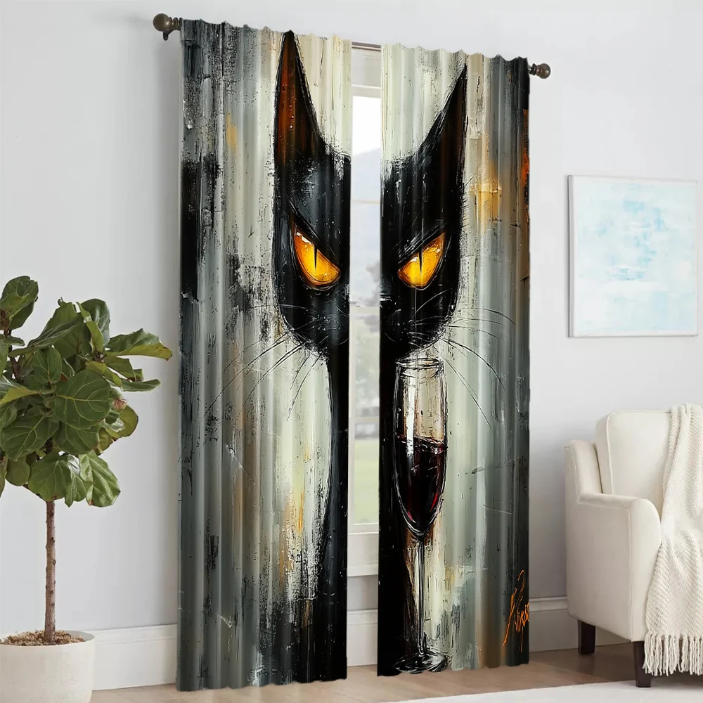 2 pcs, versatile polyester transparent curtains for home decoration Chic Black Cat for use in bedrooms and living rooms