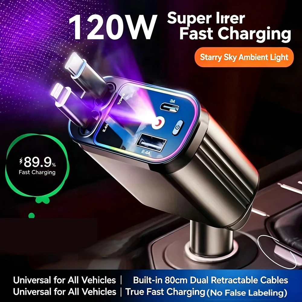 120W 5A Dual USB Car Charger 2 Port LCD Voltmeter LED Display 12-24V Cigarette Lighter Socket Fast Charging Adapter For Vehicle