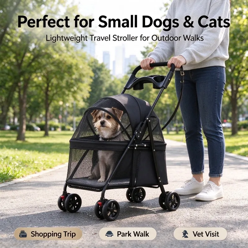 Portable Folding Pet Stroller for Small Medium Dogs Cats Inner Safety Lock Breathable Mesh Dog Cat Travel Push Carrier