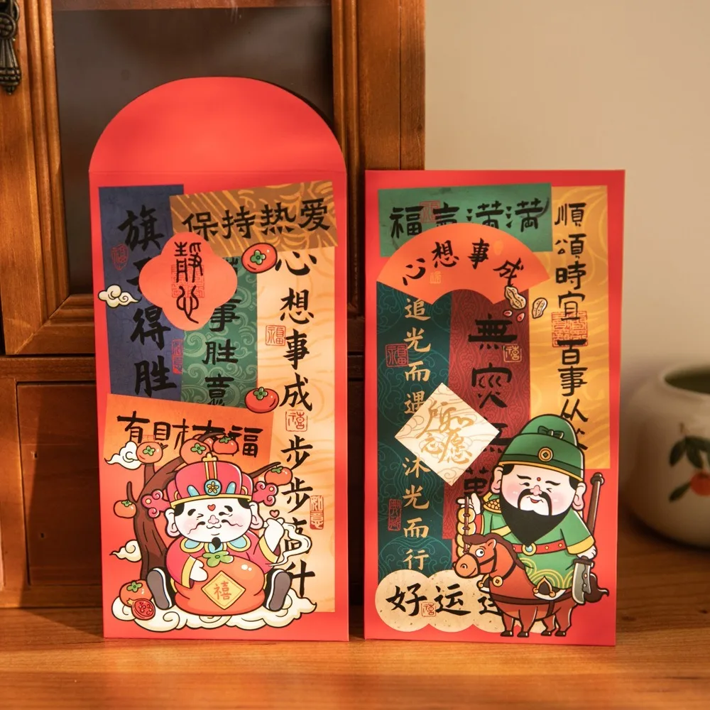 6PCS Chinese New Year Red Envelope Blessing Spring Festival Wealth God Money Envelope Best Wishes HongBao Lucky Money Pockets