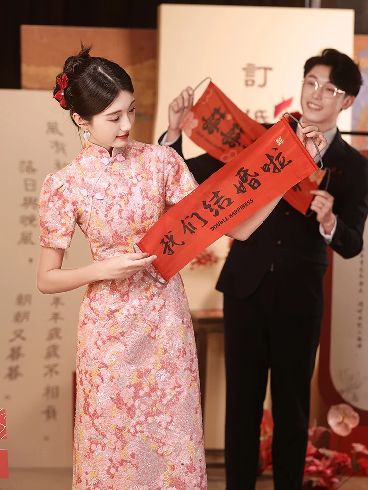 

Розовое свадебное платье больших размеров для беременных, ципао для церемонии возвращения домой, вечернее платье для помолвки, стройнящее вечернее платье