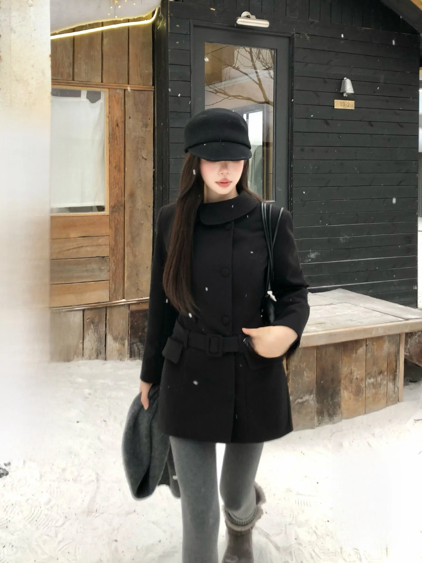 

Ele Winter Woolen Coat Women's Slim Fit Double Breasted Asymmetrical Collar Design Waist Cinching Outerwear