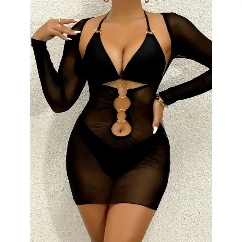 

Fashionable swimsuit for women, sexy long-sleeved skirt-style mesh cover-up, three-piece bikini swimsuit for women