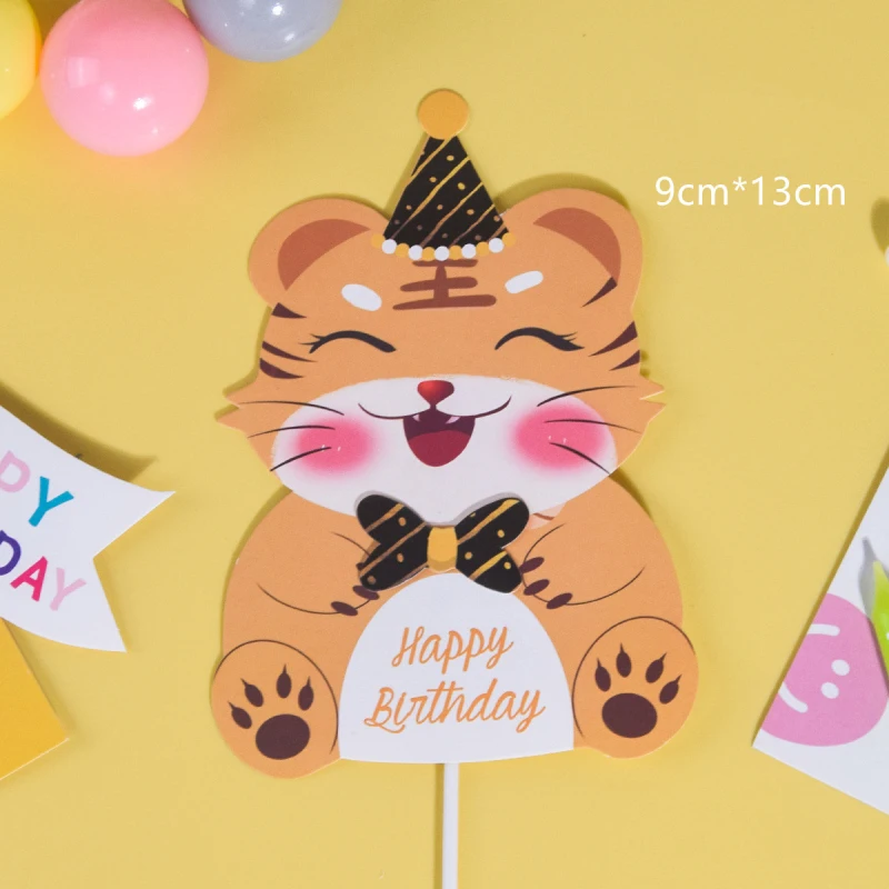 Cake Topper Flag Rabbit Cat Tiger Frog Lion Dog Animal Happy Birthday Cupcake Toppers Baking Beauty Baby Shower Cake Decor DIY