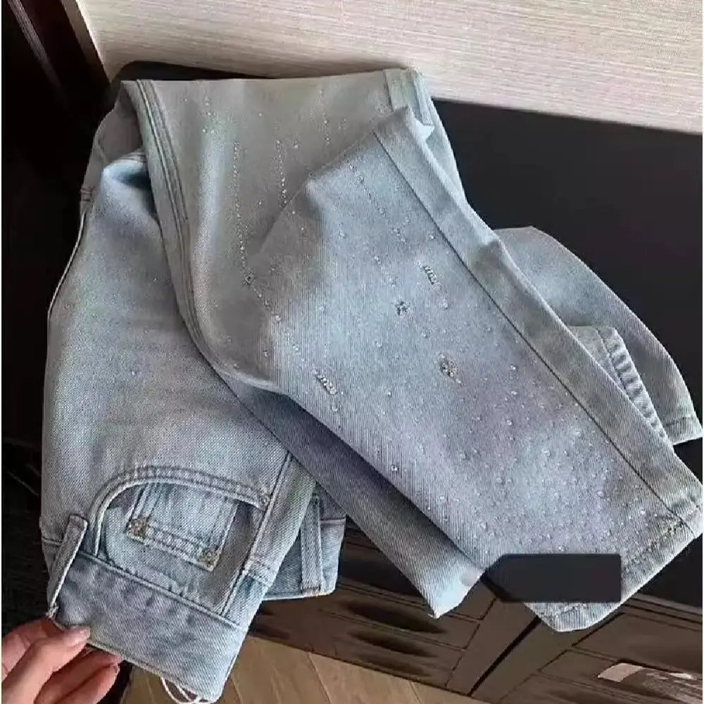 유럽 스타일 라인스톤 청바지 여성 봄 가을 2025 신상 하이웨이스트 슬림핏 마이크로 플레어 팬츠 ins 만능 바지