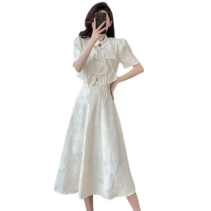 Apricot colored women's stand up collar button up short top+half skirt 2 pcs set, new summer small fragrance fashion set