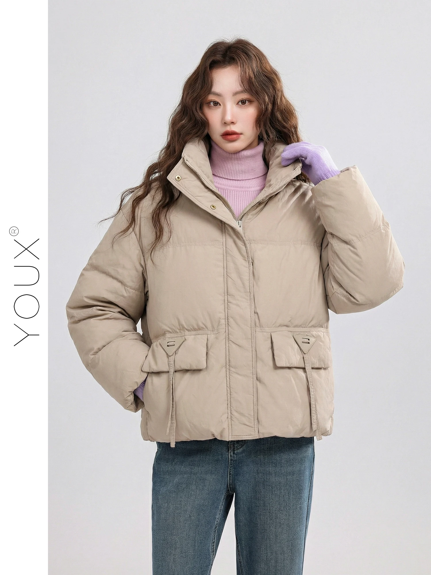 

Warm Winter Letter Korean Style Thickened Stand Collar down Jacket Women's Fashionable Coat Coat Zipper Closure Long Sleeve