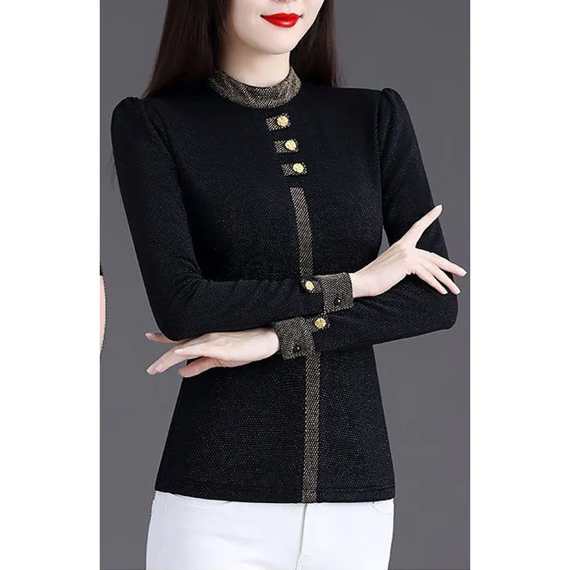 2023 New Autumn and Winter Fashion Simple Standing Neck Button Bottom Shirt Temperament Commuting Slim Fit Women\'s Underlay Top