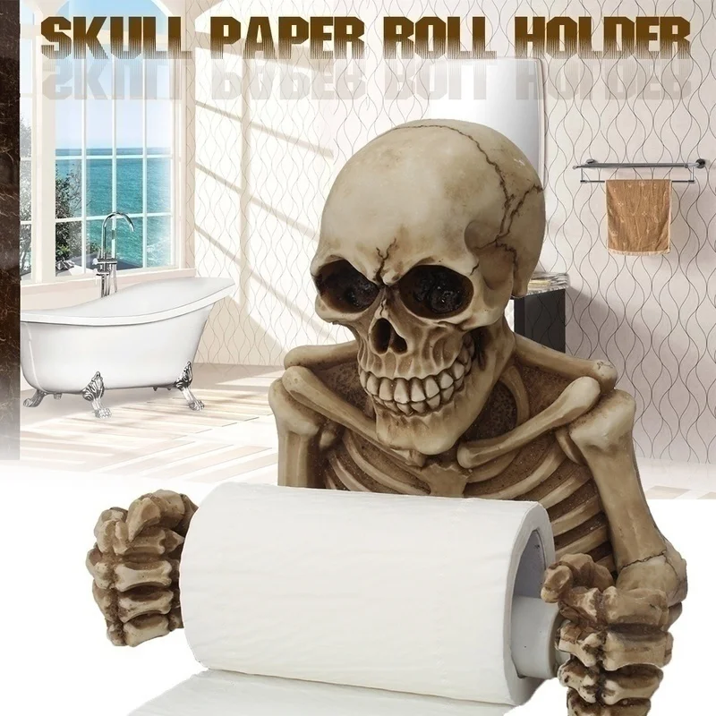 Spooky Grinning Skull Medieval Toilet Paper Holder Resin Gothic Skeleton Figurine Statue Home Scary Halloween Decor Sculptures