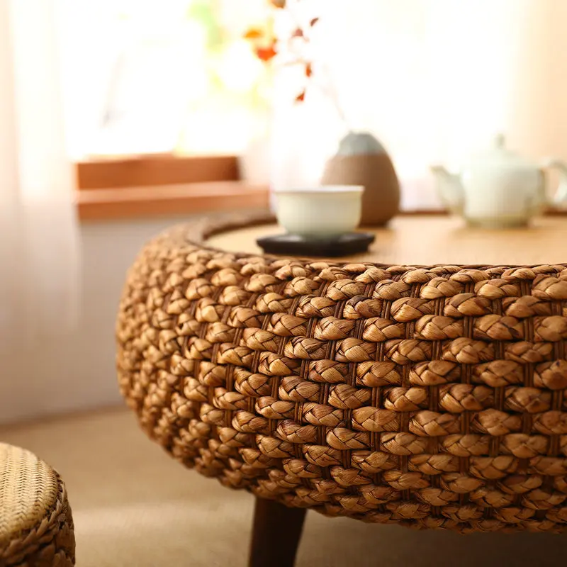 Mesa de centro redonda de ratán tejida a mano japonesa con almacenamiento para sala de estar, mesa de té