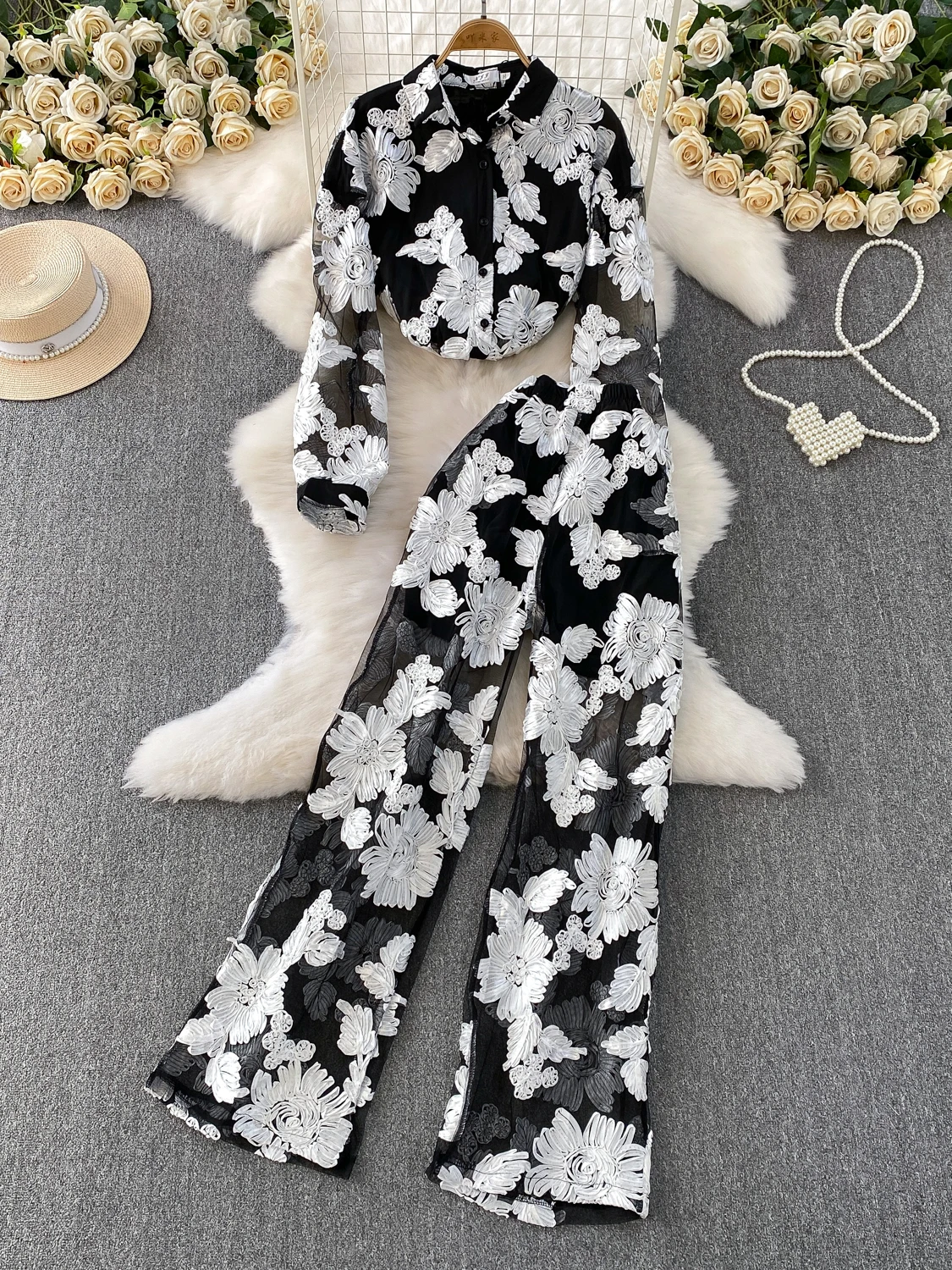 

Ele Floral 3D irt Lace Outerwear High Waist Slimming Wide Leg Pants Two Piece Set Faionable Casual Wear for Women