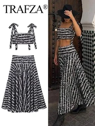 TRAFZA 2024 Vintage Women Print Camisole Skirts Suit Sexy Backless Sleeveless Slim Corset Crop Top+Midi Skirt Streetwear Sets