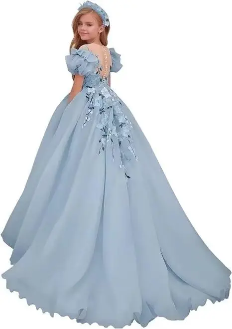 チュールフラワーガールドレス結婚式女の子初聖体拝領ドレスパフスリーブボールガウン女の子ドレスパーティーや結婚式用