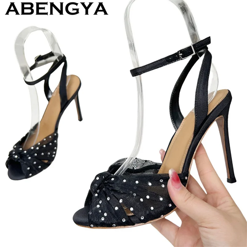 アンクルバックルオープントゥ薄型ハイヒールサンダル女性のセクシーなレースのグラディエーターサンダル 2025 夏光沢のあるクリスタルドレスパーティーシューズ Mujer