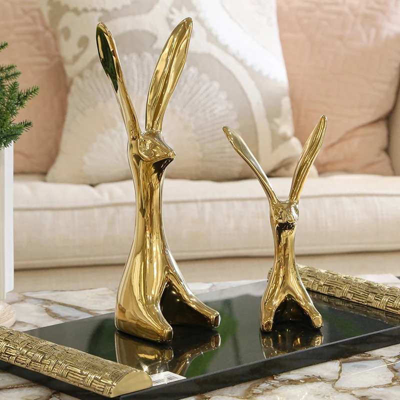 Electroplating Ceramic Golden Long Ears Rabbit Sculpture Crafts Ornaments Abstract Animal Figurines Cute Desktop Ornament