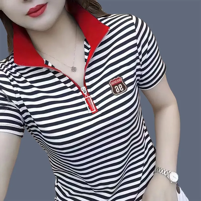 Cotton T-shirt Women's Summer Polo Shirt Short-Sleeved T-shirt Women's Lapel Loose Large Size Korean Style Bottoming Shirt