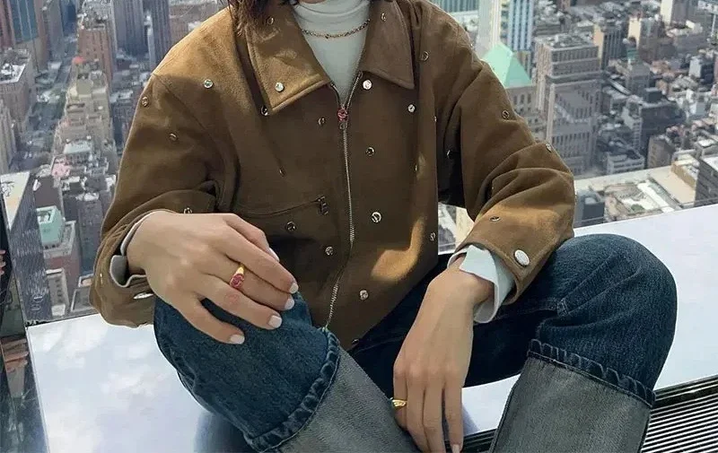 سترة نسائية لخريف 2025 بمزاج أنيق وطية صدر السترة من جلد الغزال سترة قصيرة #3