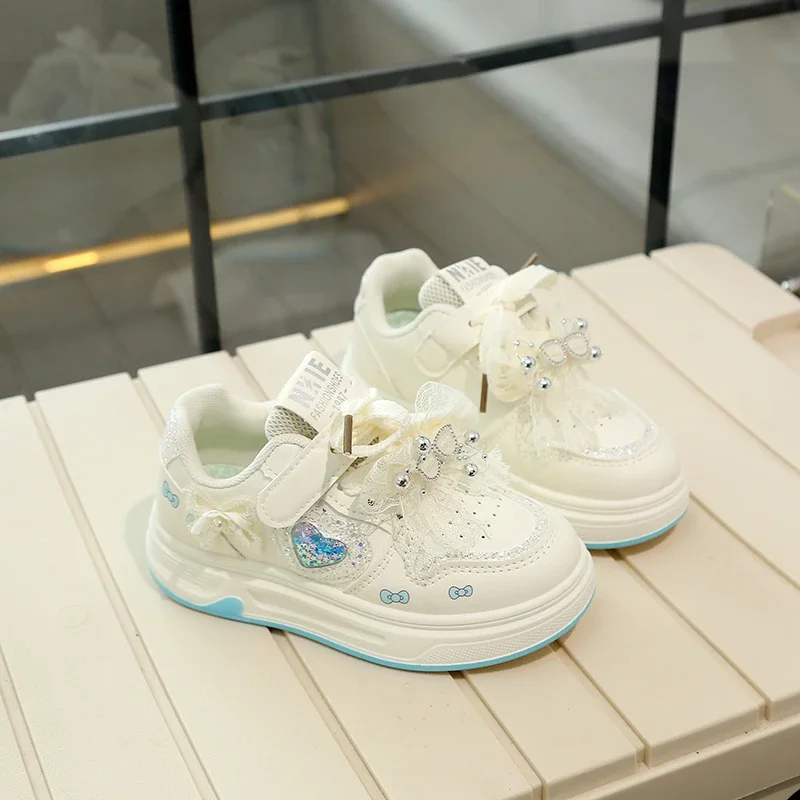 Little Girls Cute Bow Heart Sneakers, Sparkly Glitter Casual Platform Skate Shoes, Adjustable Strap Lightweight Walking Kids