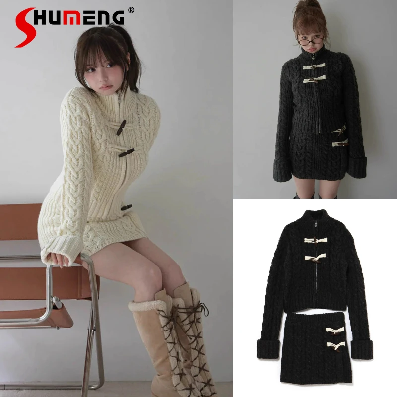 

Knitted Sweater With Horn Button Design Slimming Soft And Comfortable Coat Skirts Outfits Autumn Winter Knitted Short Skirt Set