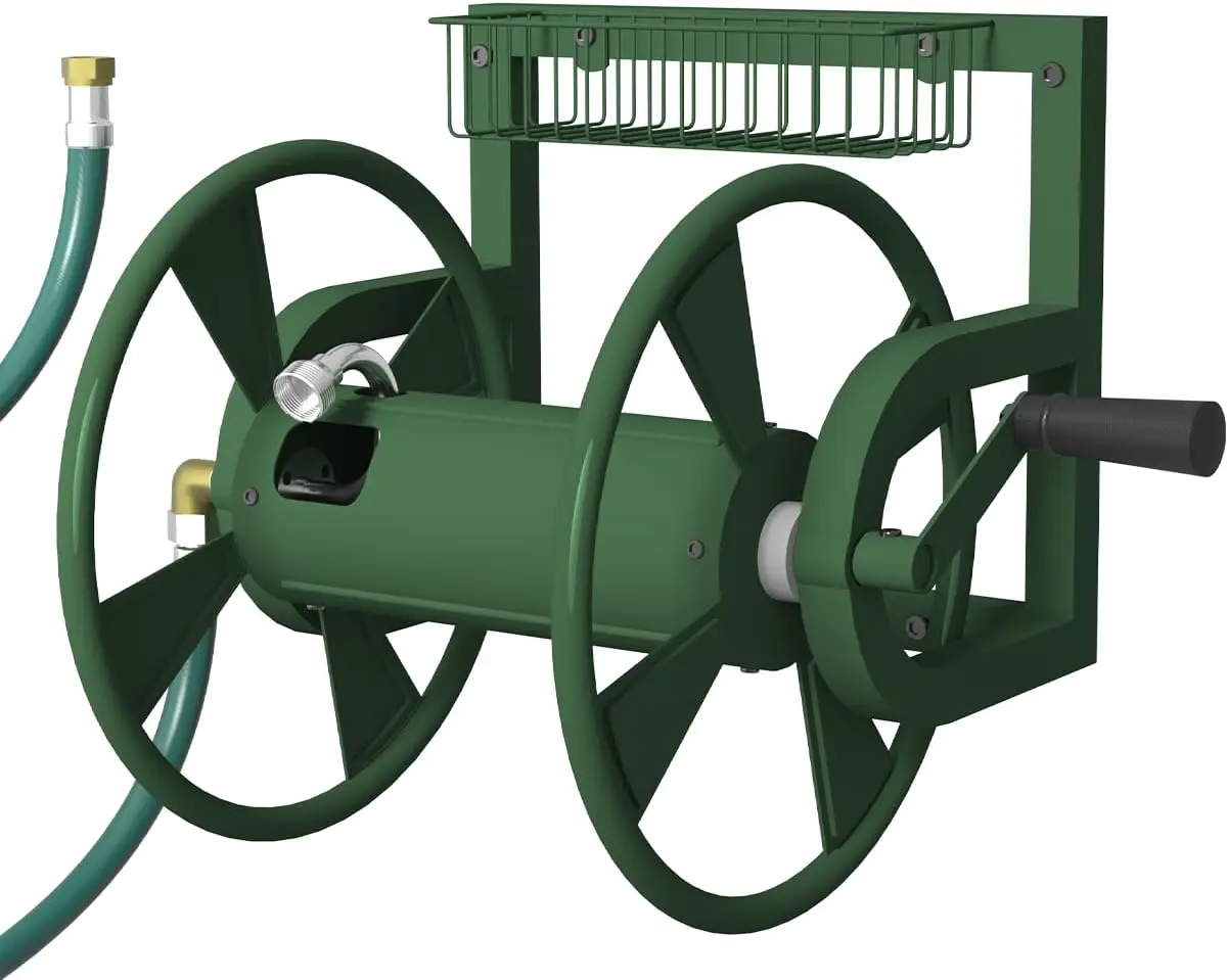 Garden Wall Mounted Hose Reel, Outdoor Heavy-Duty Water Hose Holder Winder, Holds 125 Feet of 5/8-Inch Hose, with 3.9 ft