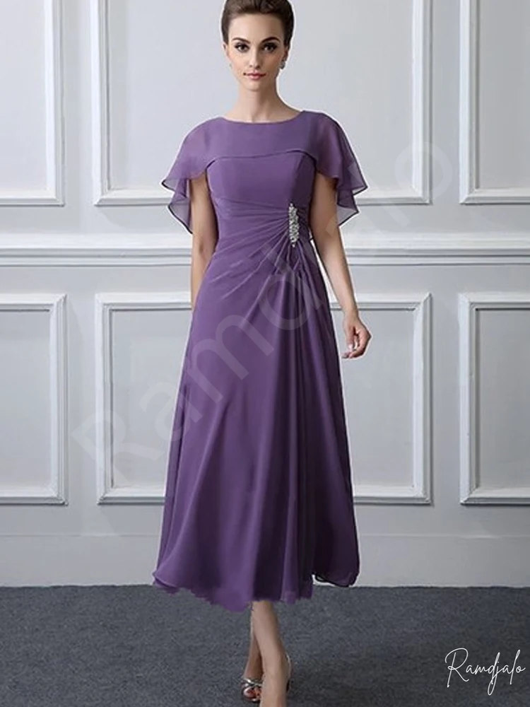 Customized Lavender A-Line Midi Dress Cape Ruffle Sleeve Flowing Chiffon Fabric Side Embellish Accent Mother of the Bride Dress