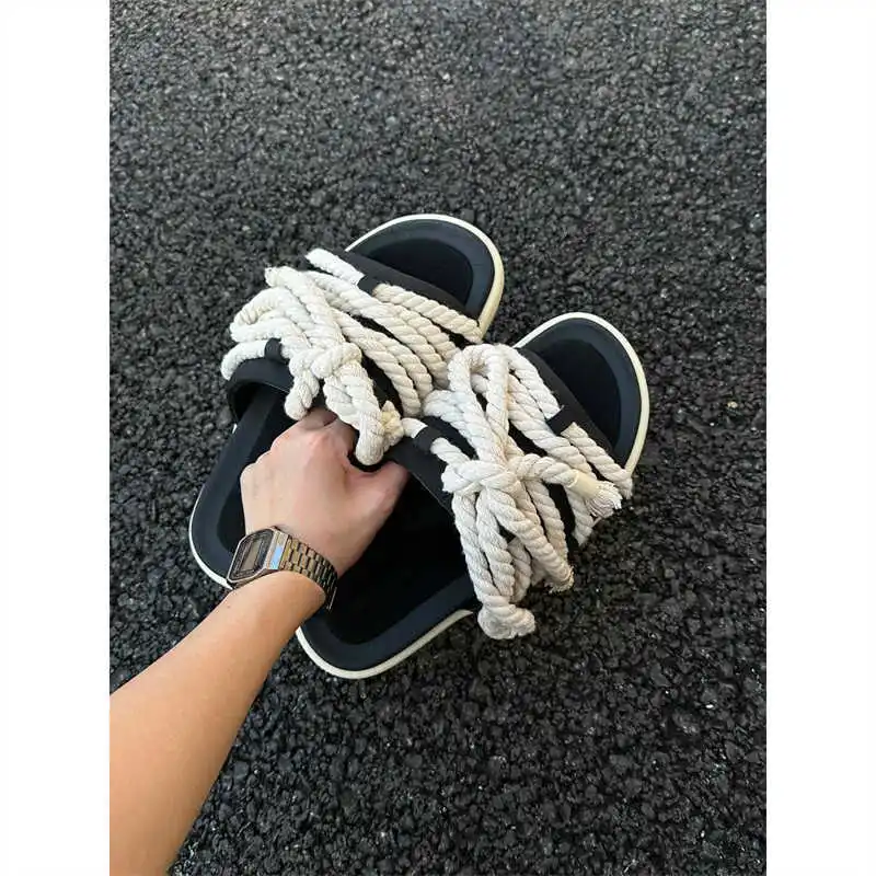

Плетеные тапочки из пеньковой веревки, женские летние 2022, новые сандалии с одним словом, верхняя одежда, пляжная обувь для пар, мужская обувь