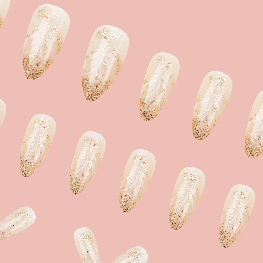 24 Pcs Self-adhesive Press on Nails Gold Sparkle Glitter Sequins Sweet Fake Nails Cheap korean Nail Tips Aesthetic Glued Nails