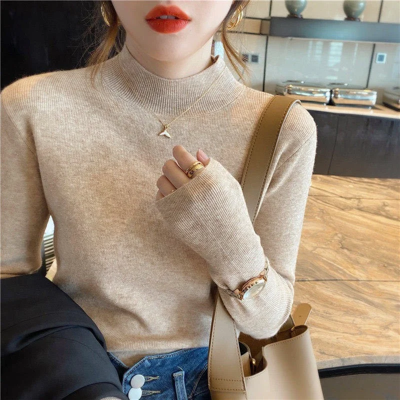 Women Mock neck Sweaters Autumn Winter Korean Slim Pullover Women Basic Tops Casual Soft Knit Sweater Soft Warm Jumper