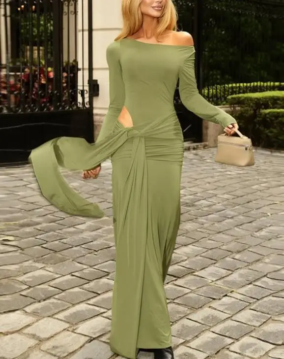 

Women's Dress 2026 Spring New Product Simple and Elegant Slant Neck Off Shoulder Design Lace Up Hollow Fold Bag Hip Party Dress