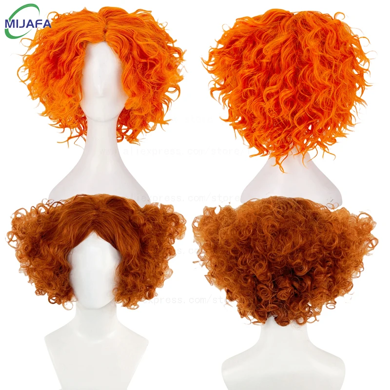 

High Quality Mad Hatter Cosplay Wig Alice Wonderland Short Orange Curly Heat Resistant Synthetic Hair Anime Wigs + Wig Cap