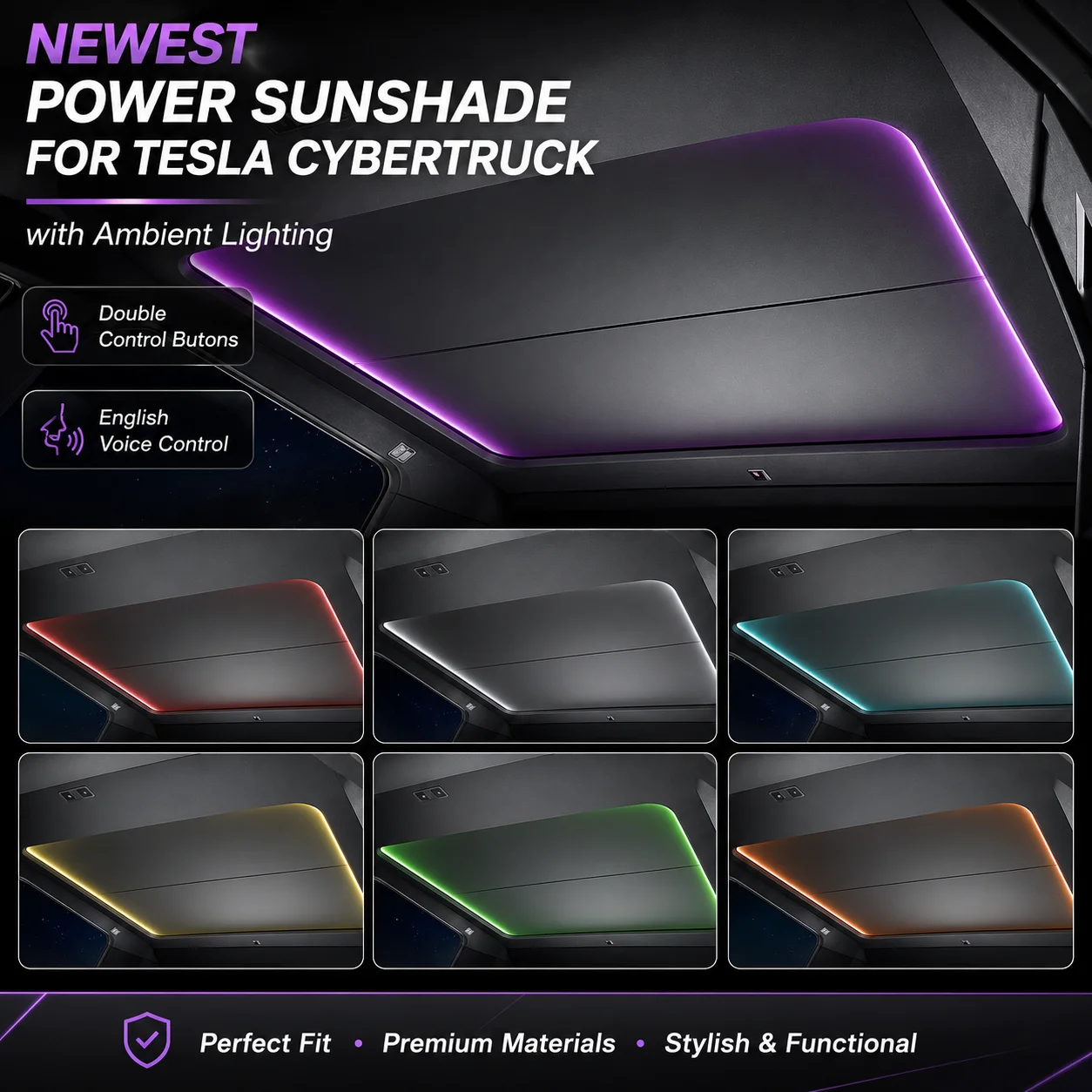 New Electric Power Sunshade English Voice Controlled RGB Ambient Lighting Dual Control Buttons Roof Blind for Tesla Cybertruck