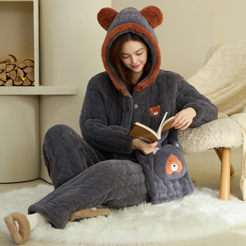 Winter Women Pajamas Set 3 Layer Clip Cotton Pijama Female Thick Warm Sleepwear